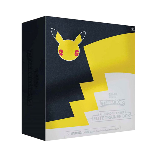 A Pokemon Celebrations Elite Trainer Box featuring a black and yellow Pikachu design.