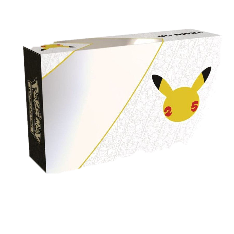 A white Pokemon Celebrations Ultra Premium Collection box featuring a gold Pikachu 25th logo.