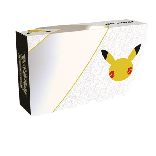 A white Pokemon Celebrations Ultra Premium Collection box featuring a gold Pikachu 25th logo.