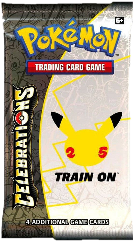 A Pokemon Celebrations booster pack featuring a Pikachu 25th anniversary logo.