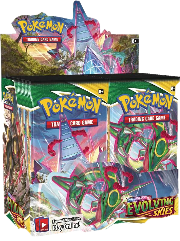 A factory-sealed Pokemon Evolving Skies booster box featuring Rayquaza and Umbreon artwork.