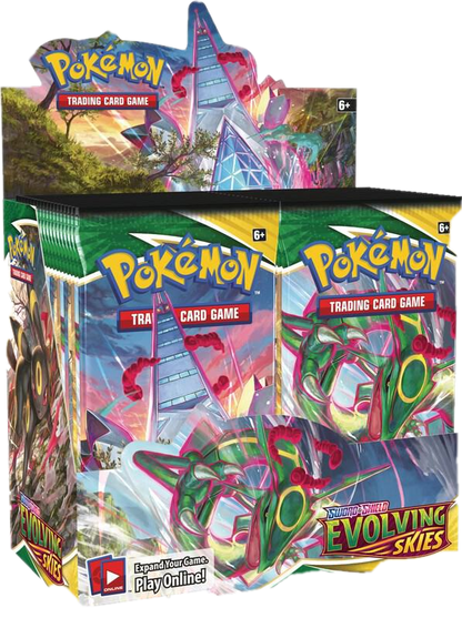 A factory-sealed Pokemon Evolving Skies booster box featuring Rayquaza and Umbreon artwork.