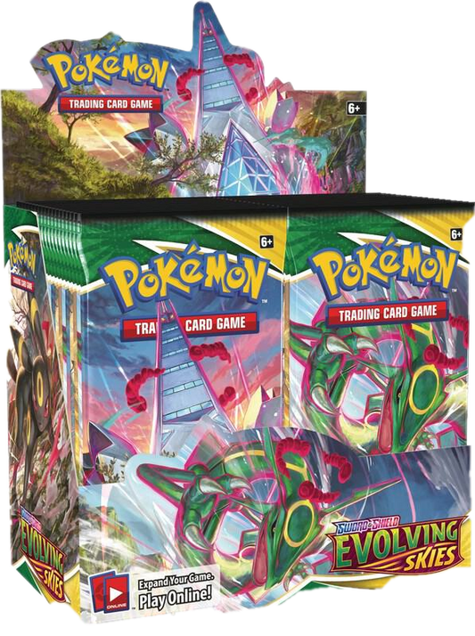 A factory-sealed Pokemon Evolving Skies booster box featuring Rayquaza and Umbreon artwork.