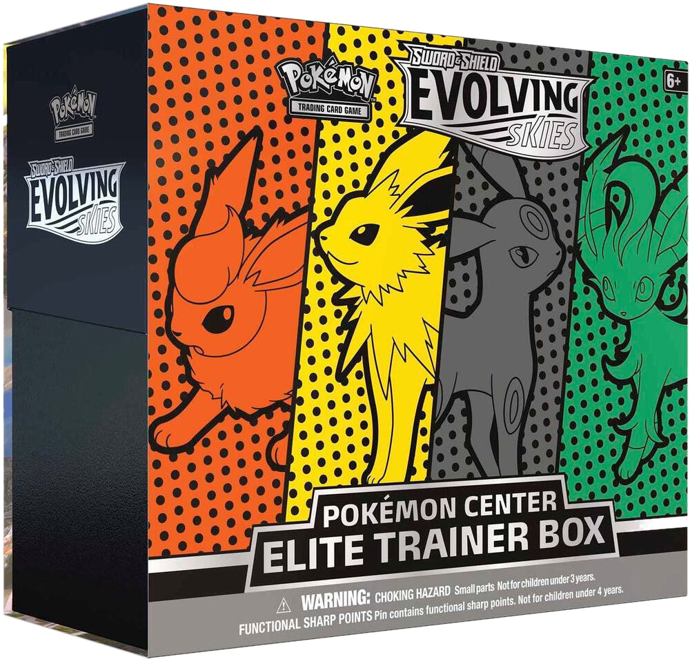 A Pokemon Evolving Skies Elite Trainer Box featuring Flareon, Jolteon, Umbreon, and Leafeon.