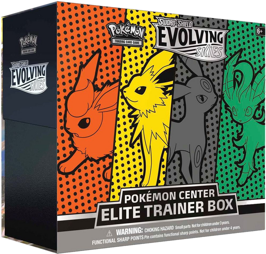 A Pokemon Evolving Skies Elite Trainer Box featuring Flareon, Jolteon, Umbreon, and Leafeon.