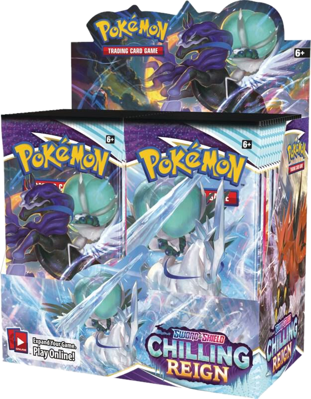 A sealed Pokemon Chilling Reign booster box featuring Ice Rider and Shadow Rider Calyrex.