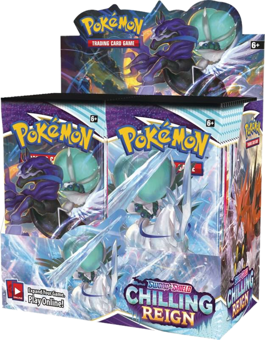 A sealed Pokemon Chilling Reign booster box featuring Ice Rider and Shadow Rider Calyrex.