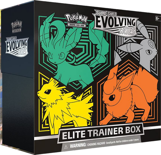 A Pokemon Evolving Skies Elite Trainer Box featuring Leafeon, Umbreon, Jolteon, and Flareon.