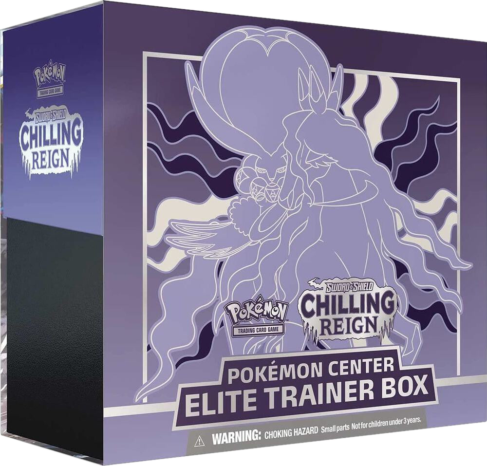 A purple Pokemon Center Elite Trainer Box featuring Shadow Rider Calyrex from Chilling Reign.