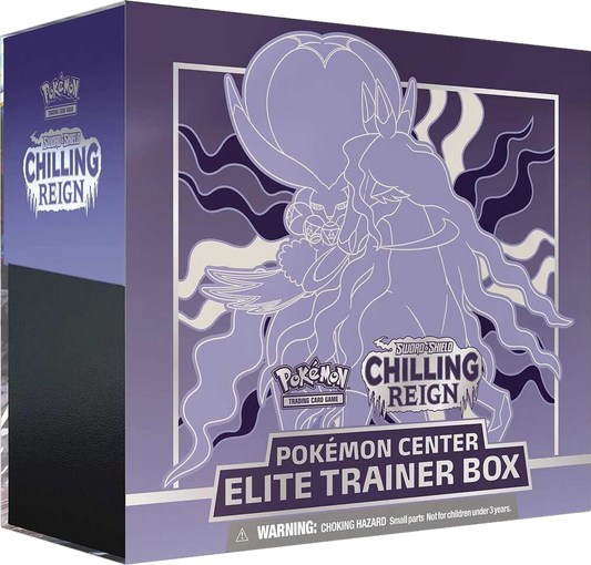 A purple Pokemon Center Elite Trainer Box featuring Shadow Rider Calyrex from Chilling Reign.