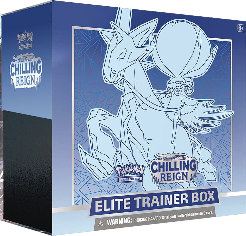 A Pokemon Chilling Reign Elite Trainer Box featuring Ice Rider Calyrex artwork.