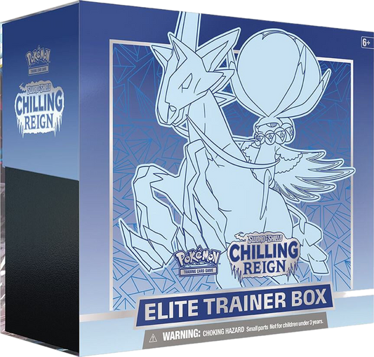 A Pokemon Chilling Reign Elite Trainer Box featuring Ice Rider Calyrex artwork.