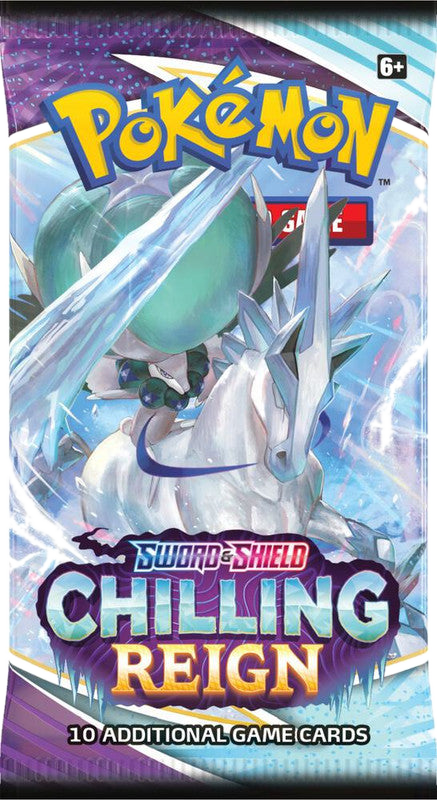 A Pokemon Chilling Reign booster pack featuring Ice Rider Calyrex on the front.