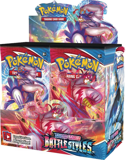 A sealed Pokemon Sword and Shield Battle Styles booster box featuring Urshifu artwork.