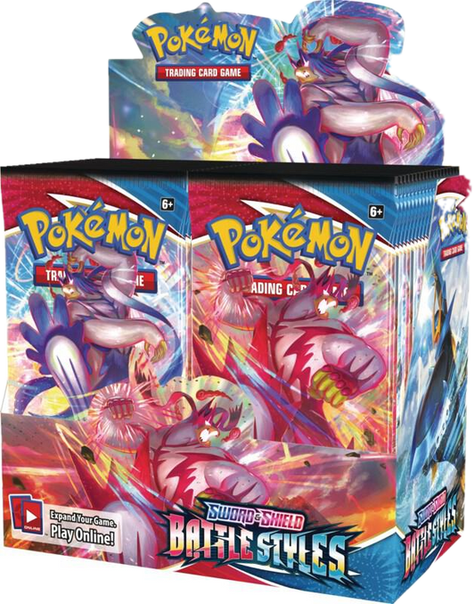 A sealed Pokemon Sword and Shield Battle Styles booster box featuring Urshifu artwork.
