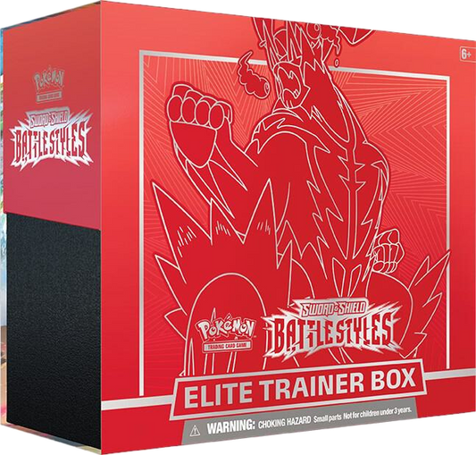 A red Pokemon Battle Styles Elite Trainer Box featuring Gigantamax Urshifu artwork.