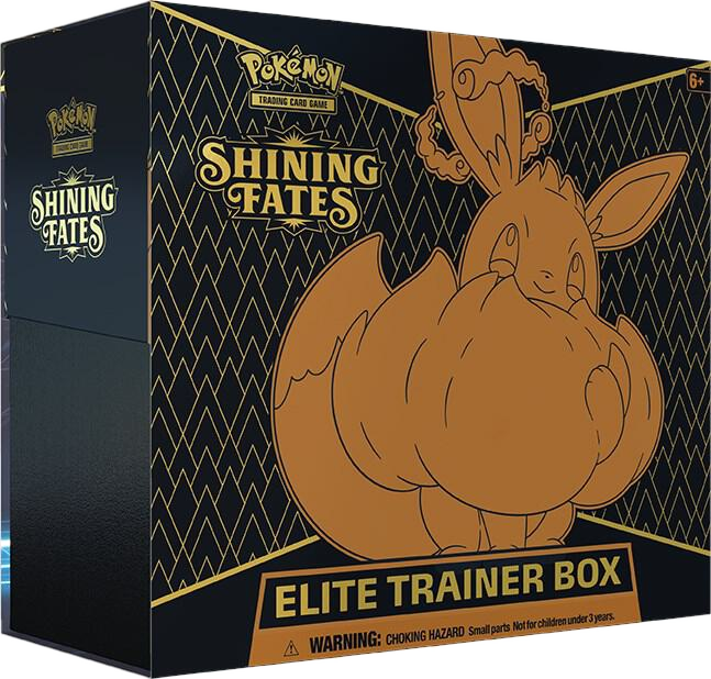 A black Pokemon Shining Fates Elite Trainer Box featuring a gold Gigantamax Eevee illustration.