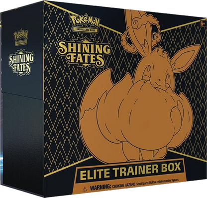 A black Pokemon Shining Fates Elite Trainer Box featuring a gold Gigantamax Eevee illustration.