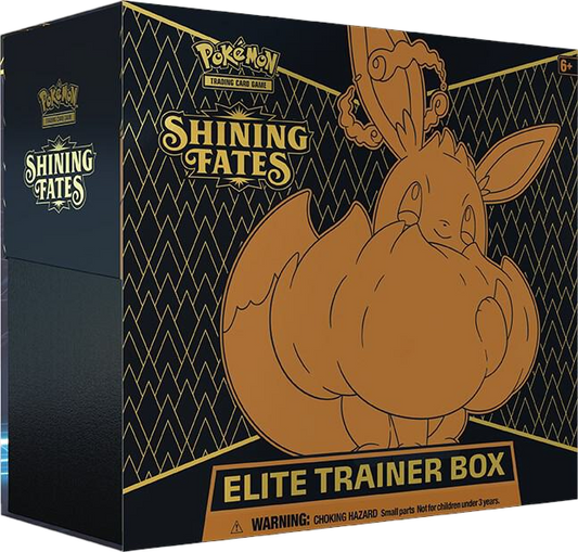 A black Pokemon Shining Fates Elite Trainer Box featuring a gold Gigantamax Eevee illustration.