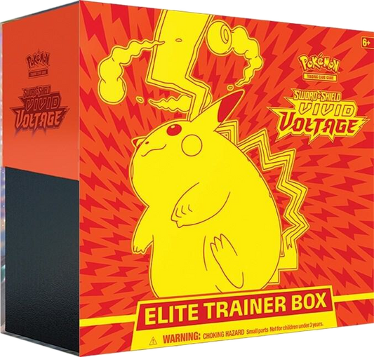 A Pokemon Vivid Voltage Elite Trainer Box featuring a large yellow Pikachu illustration.
