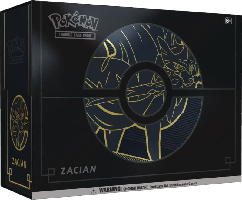 A black Pokemon Sword and Shield Elite Trainer Box featuring gold Zacian artwork.