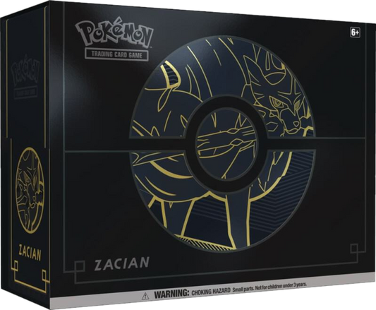 A black Pokemon Sword and Shield Elite Trainer Box featuring gold Zacian artwork.