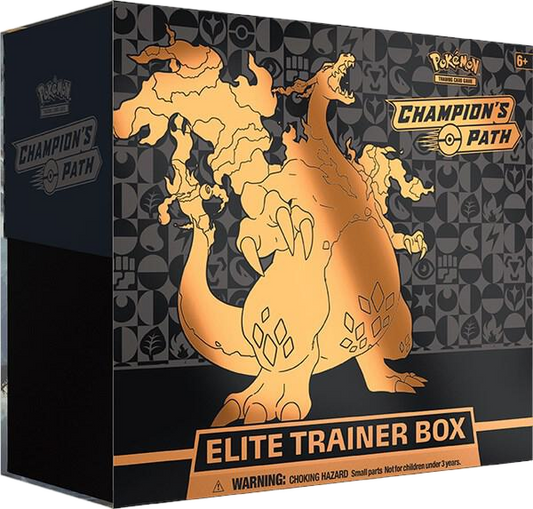 A Pokemon Champion's Path Elite Trainer Box featuring a gold Charizard illustration.