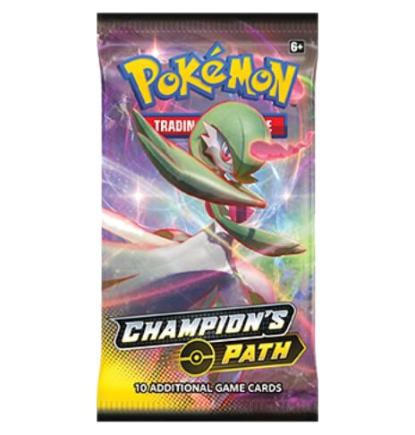 A Pokemon Champion's Path booster pack featuring Gigantamax Gardevoir artwork.