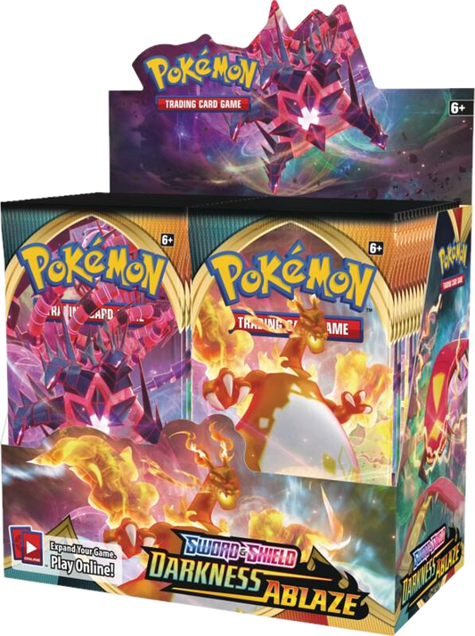 A sealed Pokemon Sword and Shield Darkness Ablaze booster box featuring Charizard and Eternatus.
