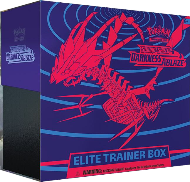A Pokemon Darkness Ablaze Elite Trainer Box featuring Eternatus artwork on a purple background.