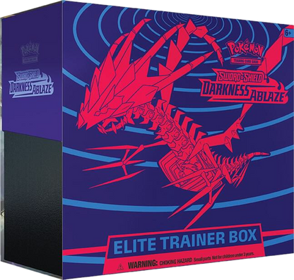 A Pokemon Darkness Ablaze Elite Trainer Box featuring Eternatus artwork on a purple background.