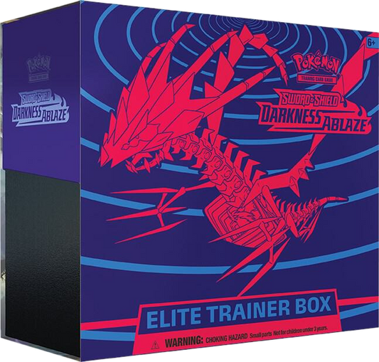 A Pokemon Darkness Ablaze Elite Trainer Box featuring Eternatus artwork on a purple background.