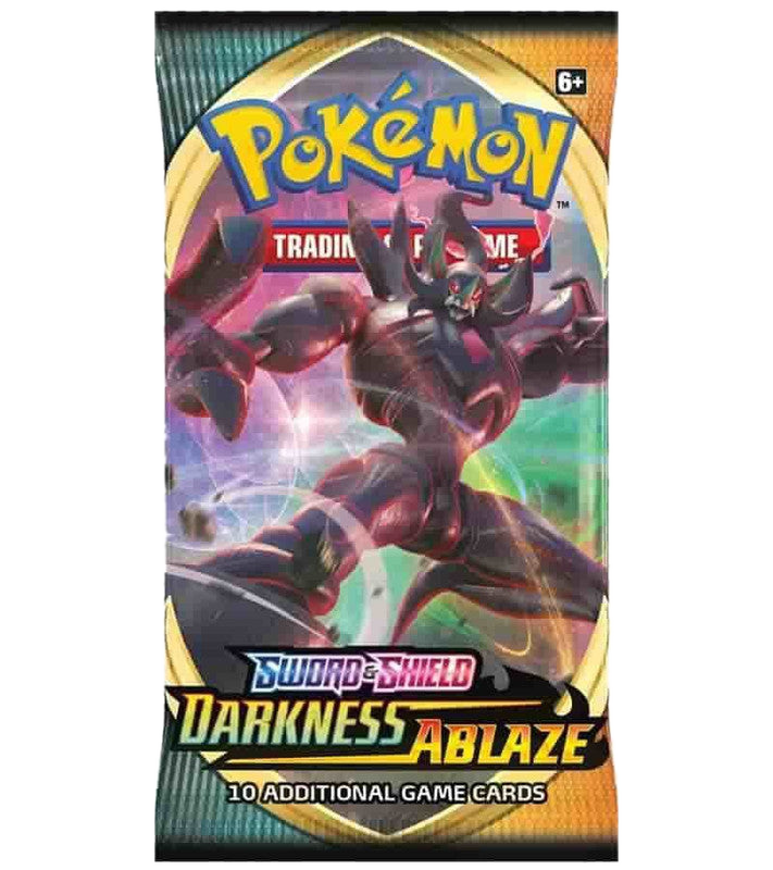 A Pokemon Darkness Ablaze booster pack featuring Eternatus on the packaging.