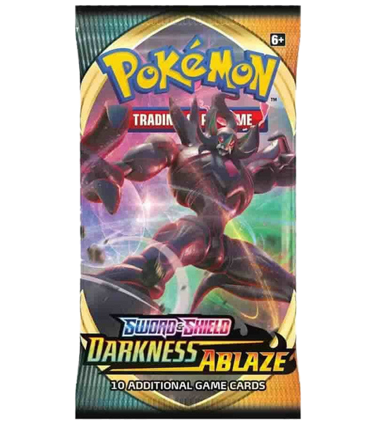 A Pokemon Darkness Ablaze booster pack featuring Eternatus on the packaging.