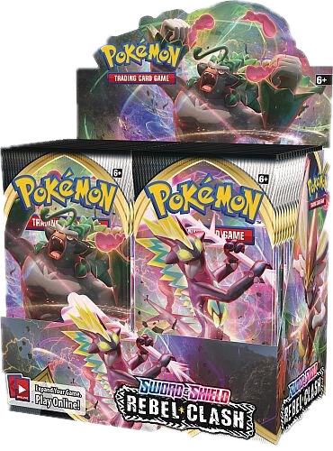 A sealed Pokemon Rebel Clash booster box featuring Rillaboom and Toxtricity artwork.