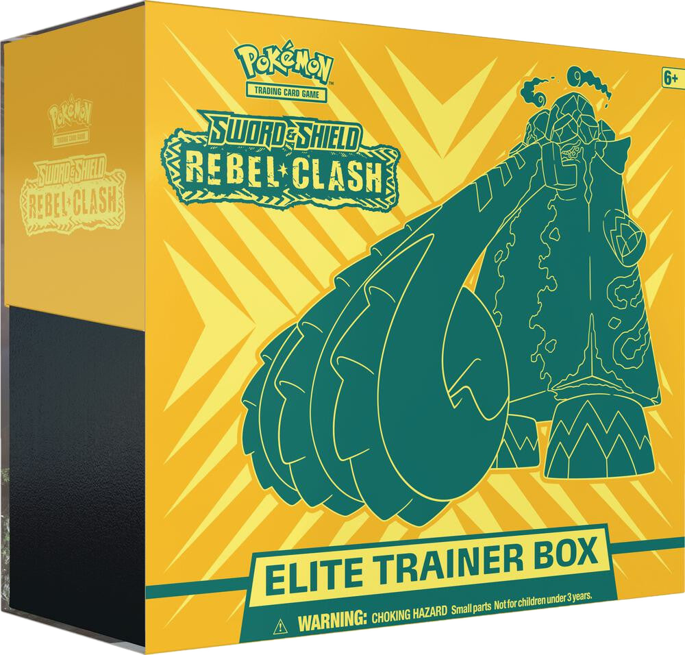 A yellow Pokemon Rebel Clash Elite Trainer Box featuring Copperajah on the front.