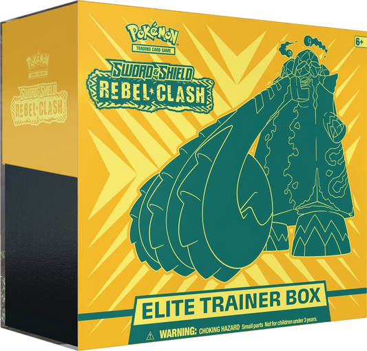 A yellow Pokemon Rebel Clash Elite Trainer Box featuring Copperajah on the front.