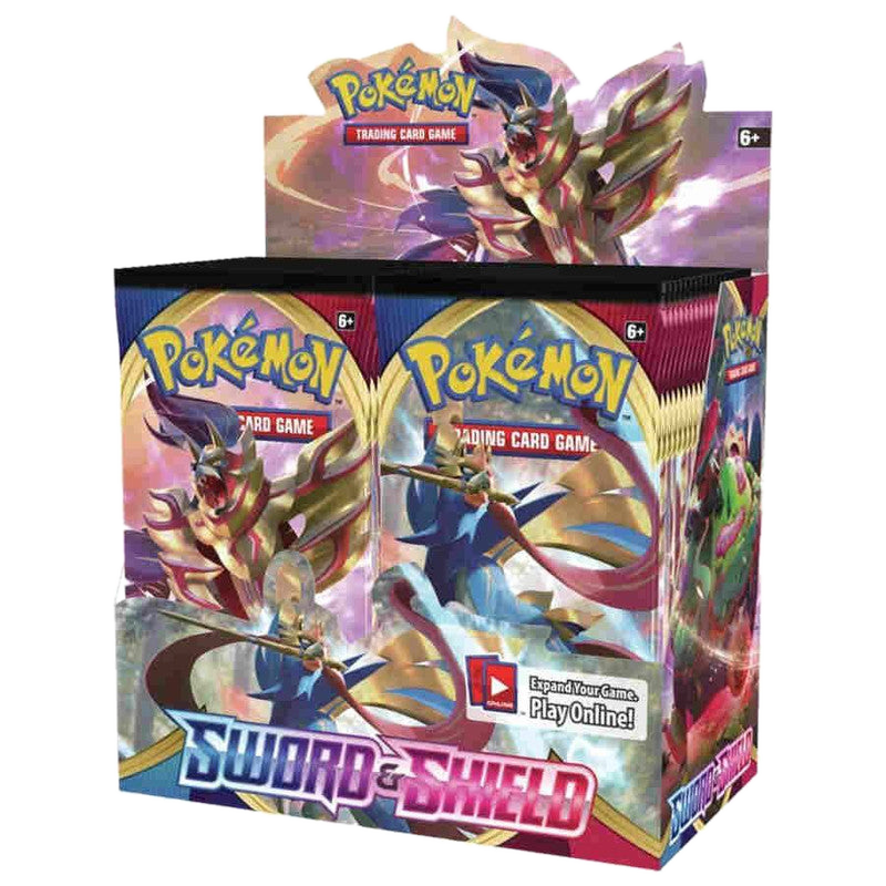 A sealed Pokemon Sword and Shield booster box featuring Zacian and Zamazenta artwork.