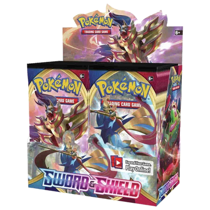 A sealed Pokemon Sword and Shield booster box featuring Zacian and Zamazenta artwork.