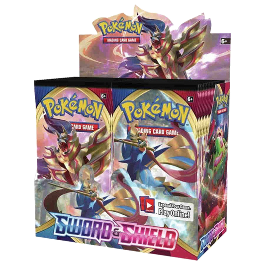A sealed Pokemon Sword and Shield booster box featuring Zacian and Zamazenta artwork.