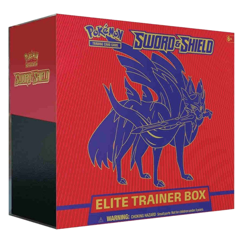 A red Pokemon Sword and Shield Elite Trainer Box featuring the legendary Zacian on the front.