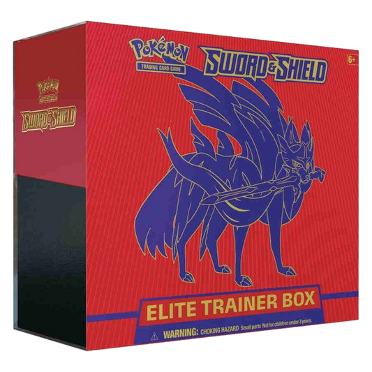 A red Pokemon Sword and Shield Elite Trainer Box featuring the legendary Zacian on the front.