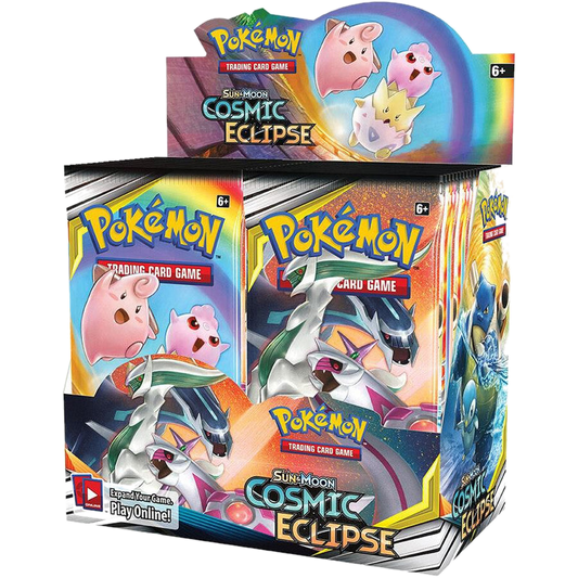 A sealed Pokemon Cosmic Eclipse booster box featuring artwork of various Pokemon characters.