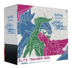 A Pokemon Cosmic Eclipse Elite Trainer Box featuring Arceus, Dialga, and Palkia on the packaging.