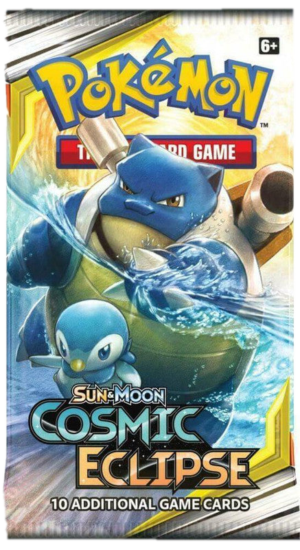 A Pokemon Cosmic Eclipse booster pack featuring Blastoise and Piplup artwork.