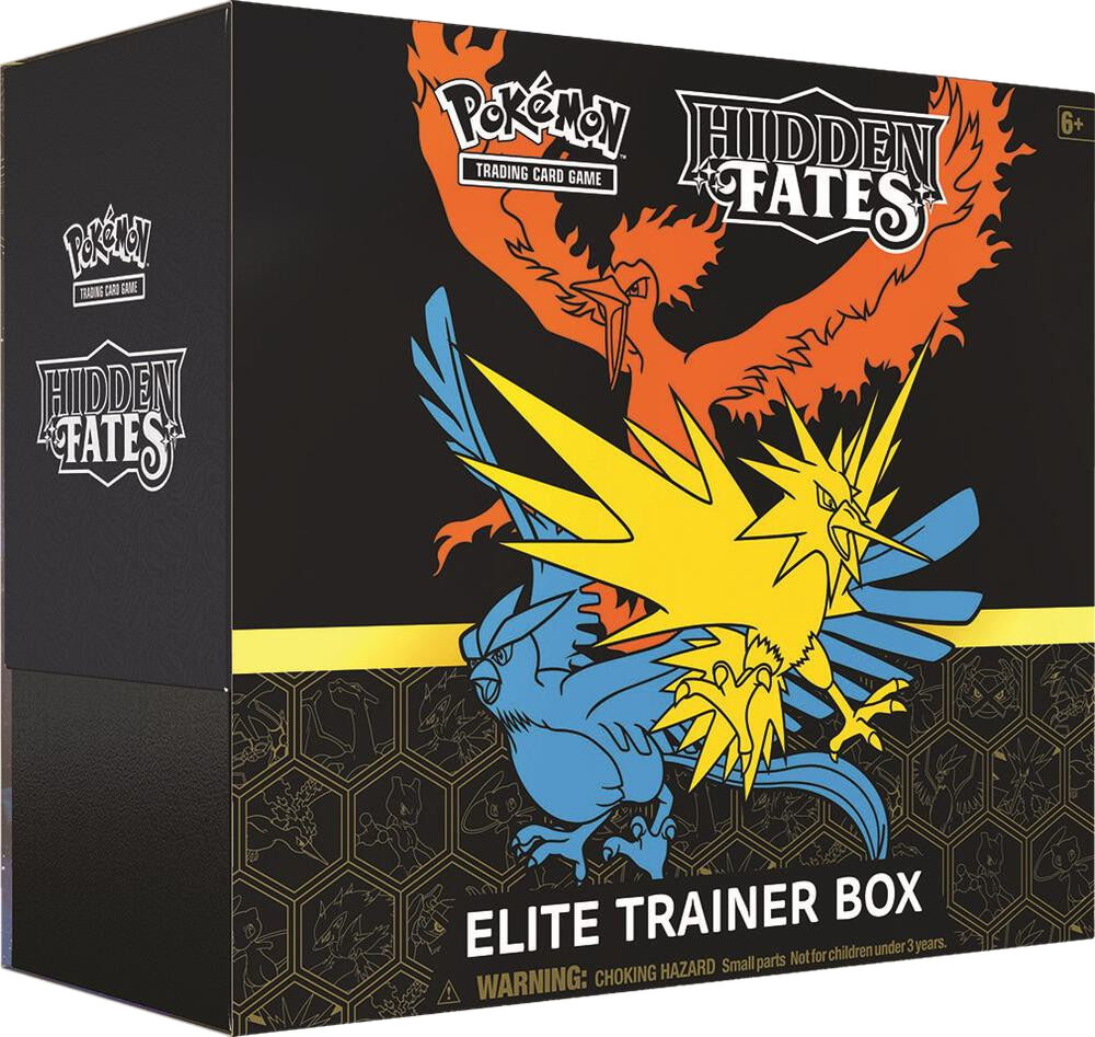 A Pokemon Hidden Fates Elite Trainer Box featuring the legendary bird trio on the front.