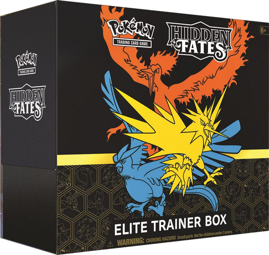 A Pokemon Hidden Fates Elite Trainer Box featuring the legendary bird trio on the front.