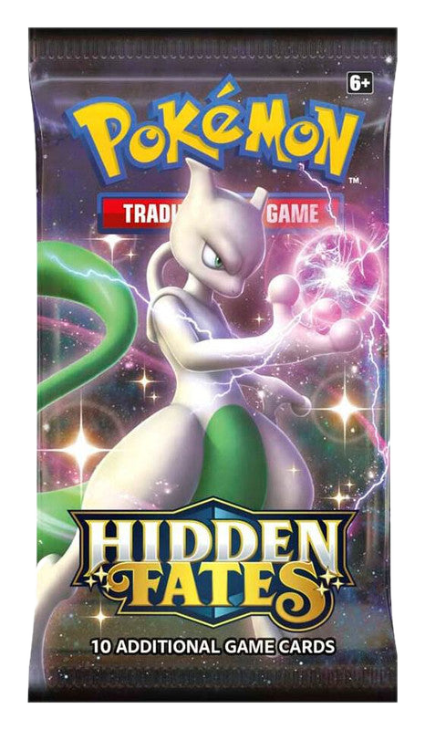 A Pokemon Hidden Fates booster pack featuring Mewtwo on the front.