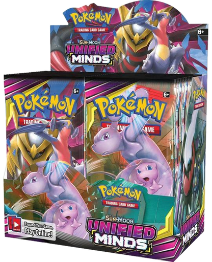 A sealed Pokemon Sun and Moon Unified Minds booster box featuring Mew and Mewtwo artwork.