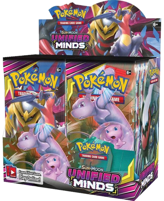 A sealed Pokemon Sun and Moon Unified Minds booster box featuring Mew and Mewtwo artwork.